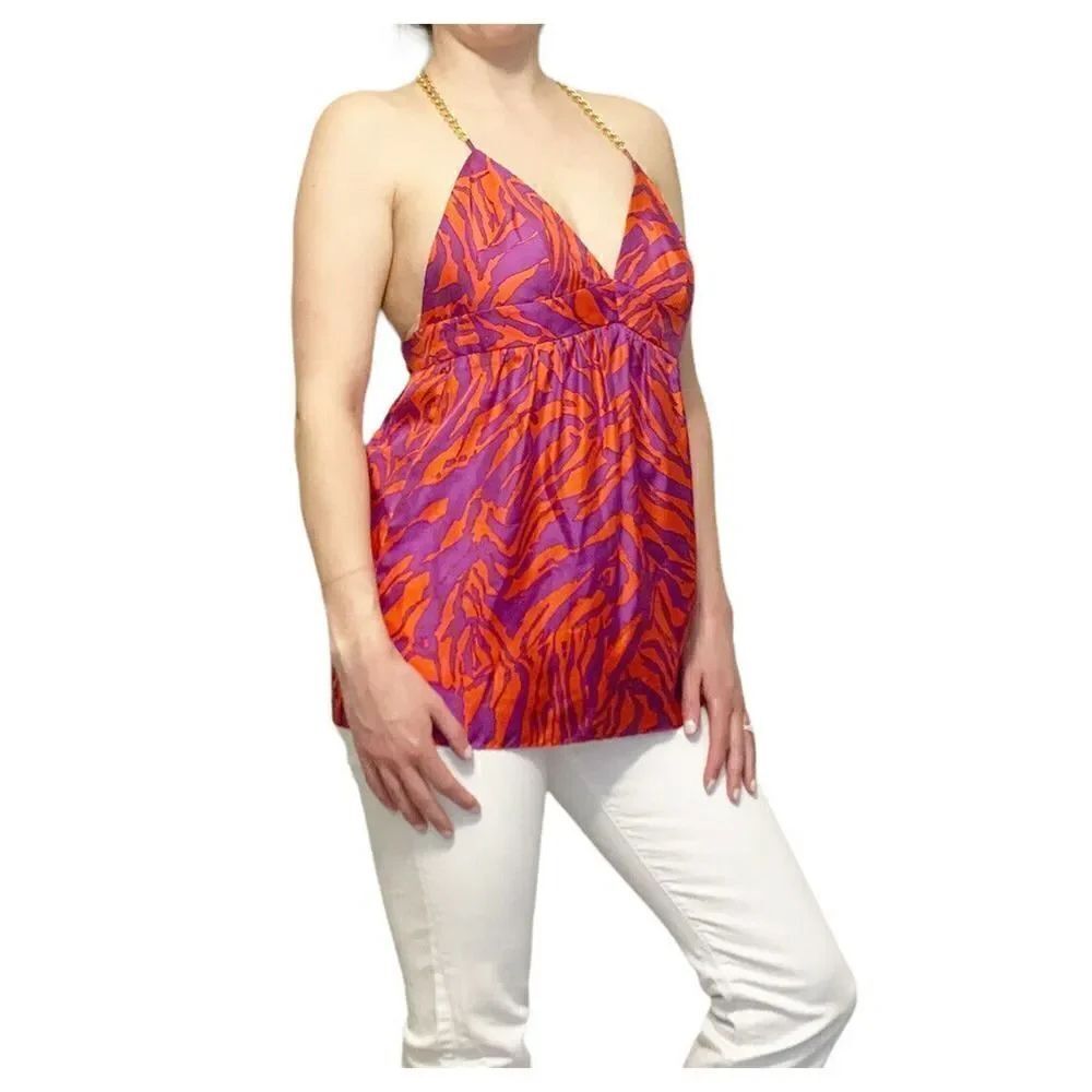 MILLY 100% Silk Red/Purple Print Chain Strap Halter Top Sz 2 $295
